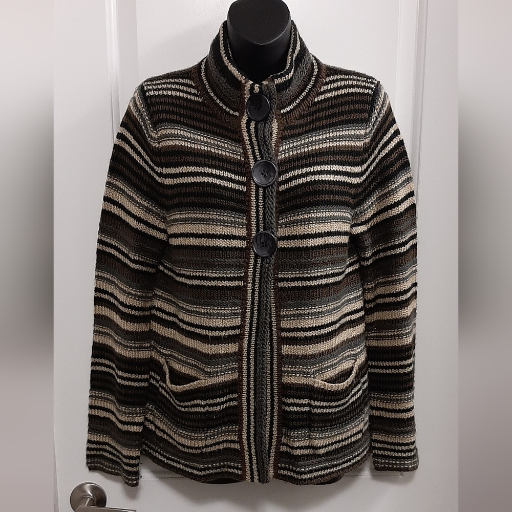 LH Sport Womens Knitted Button Cardigan Brown Stripped Size Medium Pockets